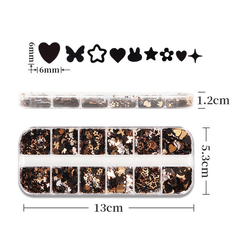 Wholesale 12-grid Box Black Gold Retro Series Nail Art Sequins Butterfly Love Star Rabbit Sweet Cool Nail Glitter Accessories